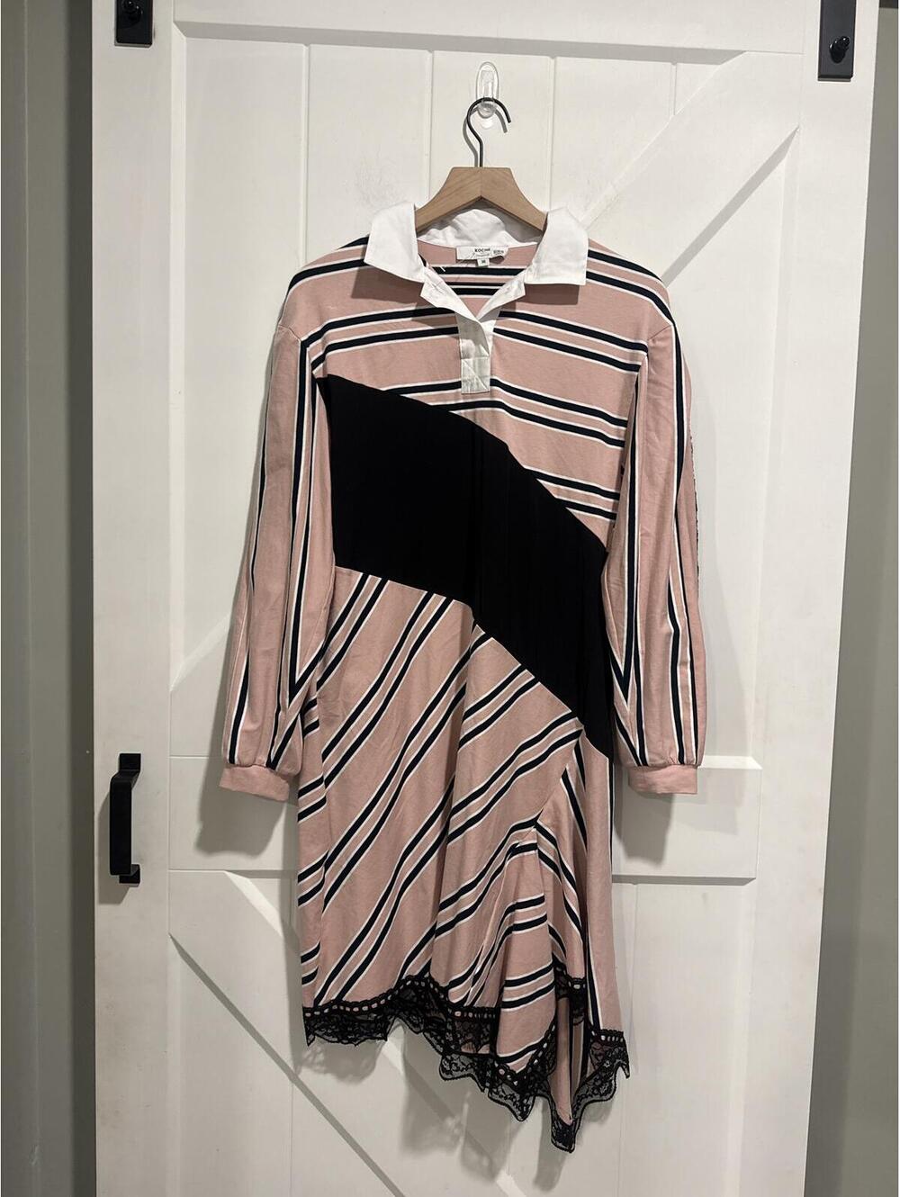 Koché Collective Striped Long Sleeve Asymetrical Dress with Lace Detail Size 36